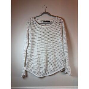Jeanne Pierre White Open Knit Sweater Long Sleeve Mesh Pullover Curved Hem Med